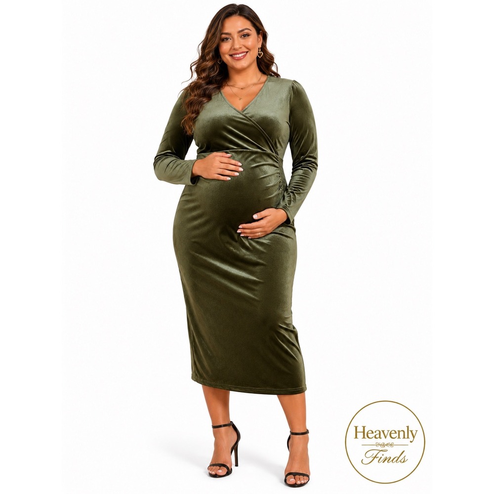 Velvet Maternity Cocktail Dress XL Olive Green Baby Shower Wedding Romantic NEW